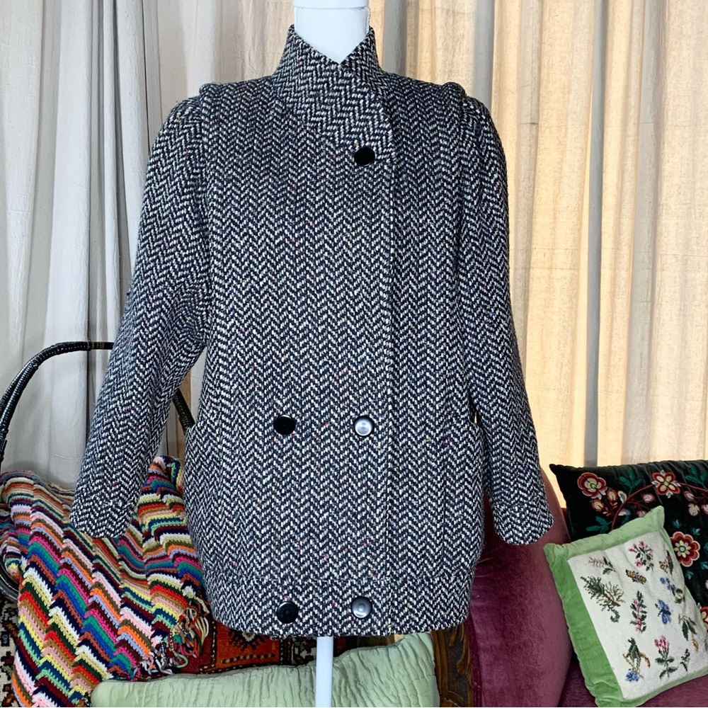 80s Wool Tweed Funnel Neck Coat